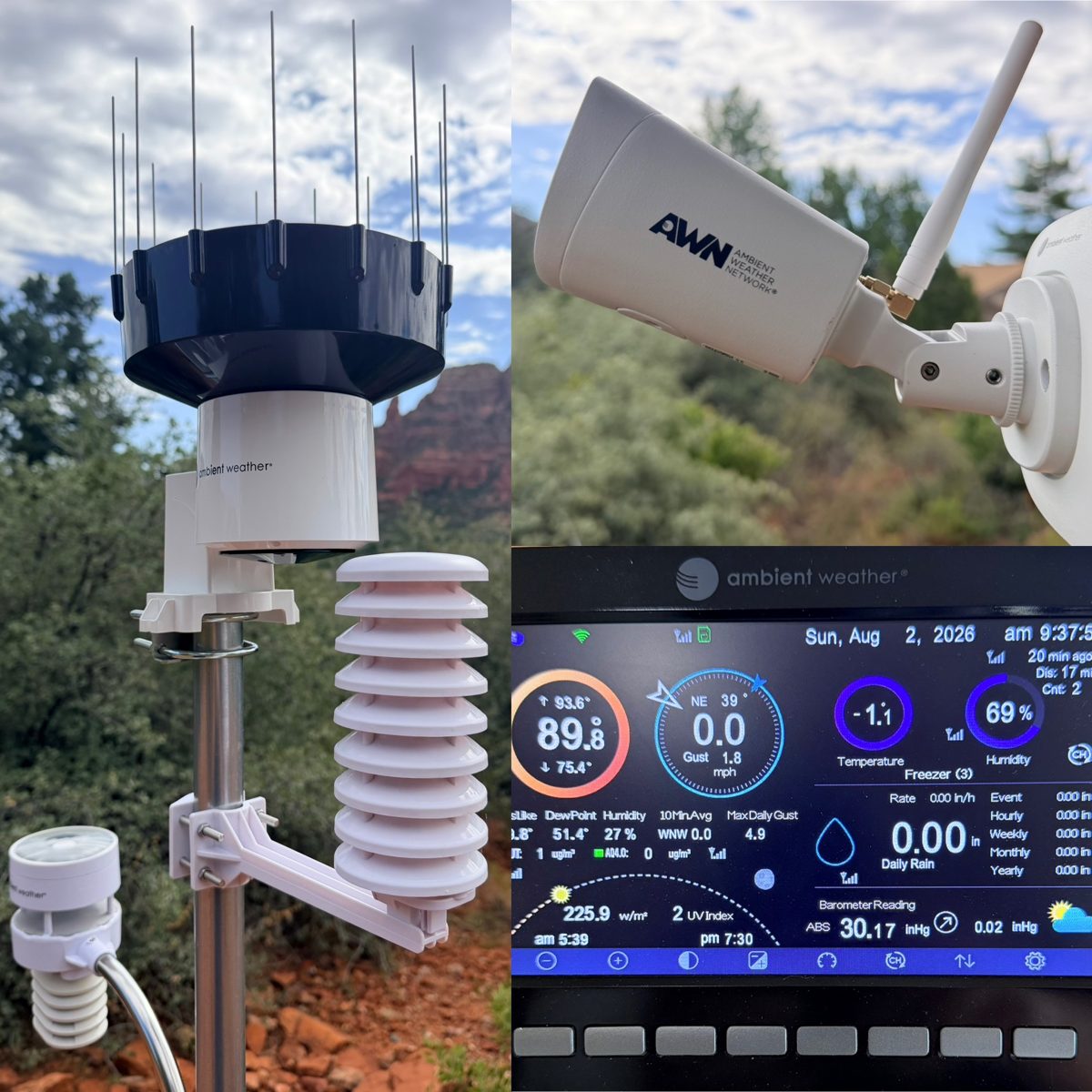 The WS-5000 ultrasonic wind array and radiation shield, the AWN outdoor camera, and the console display